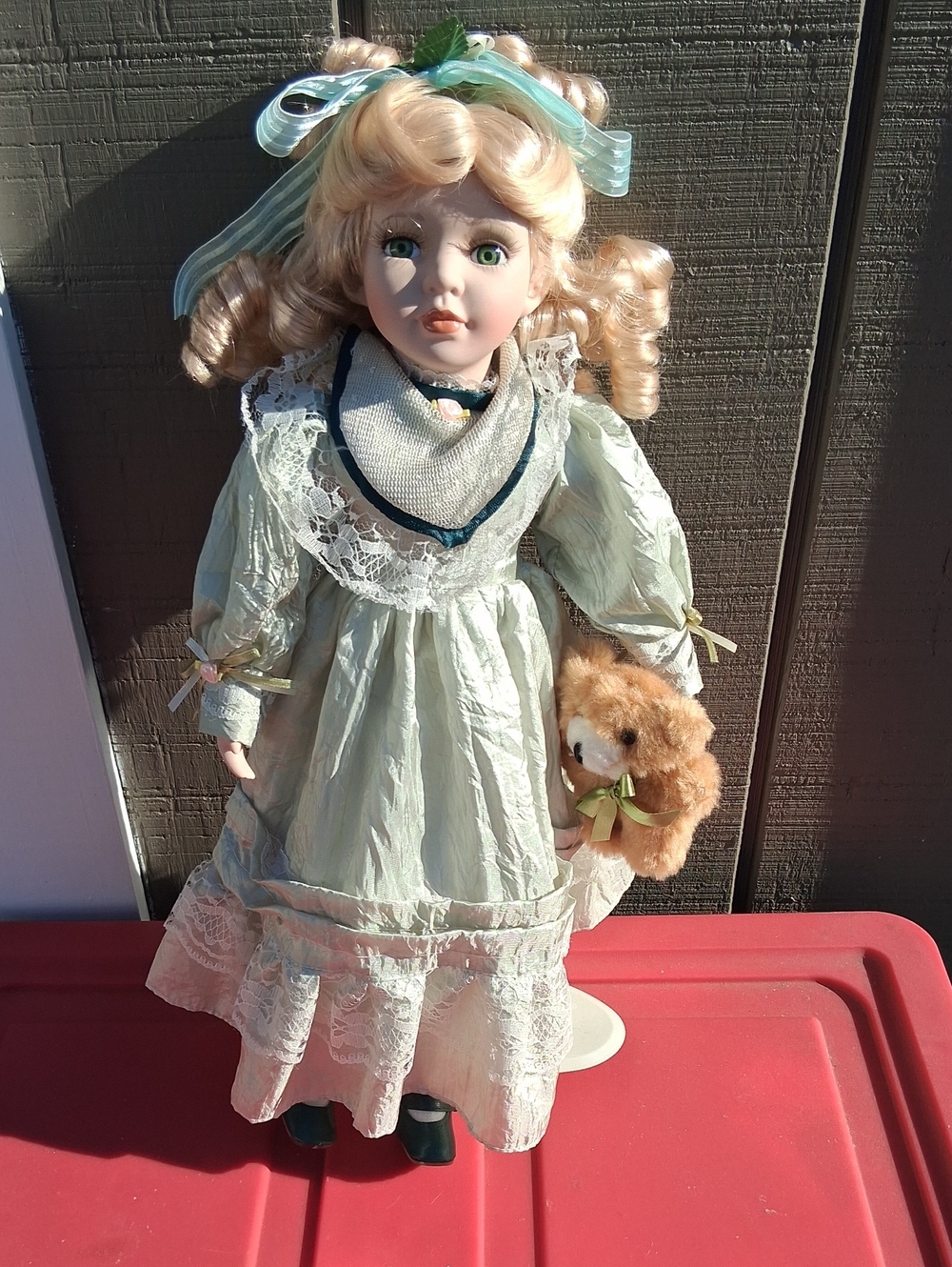 Porcelain Fashion Doll with Pale Green Dress and Plush Bear